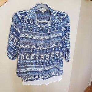 One World Live and Let Live Blue and White Patterned Blouse Size Small Petite